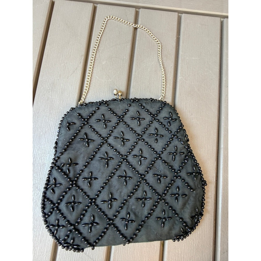 Vintage Black Beaded Evening Bag Made in Japan Kiss Lock Gold Chain Clutch -BE